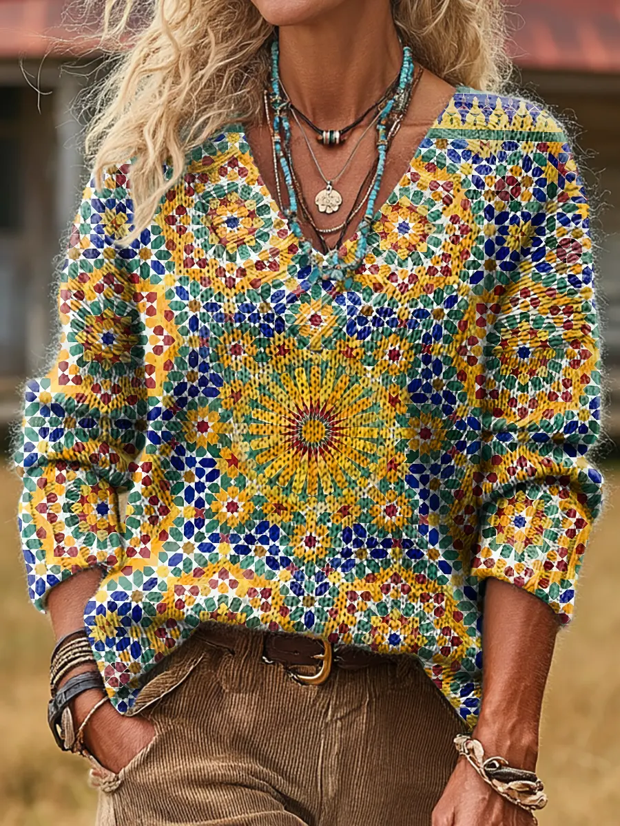 Ethnicity Geometry Kaleidoscope Colorful Women's Print V-neck Long Sleeve Sweater