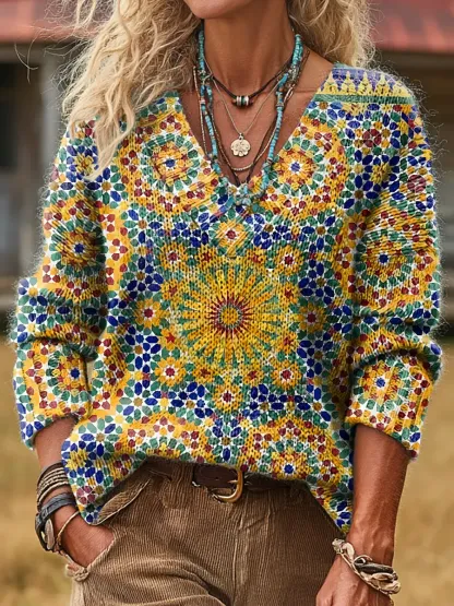 Ethnicity Geometry Kaleidoscope Colorful Women's Print V-neck Long Sleeve Sweater
