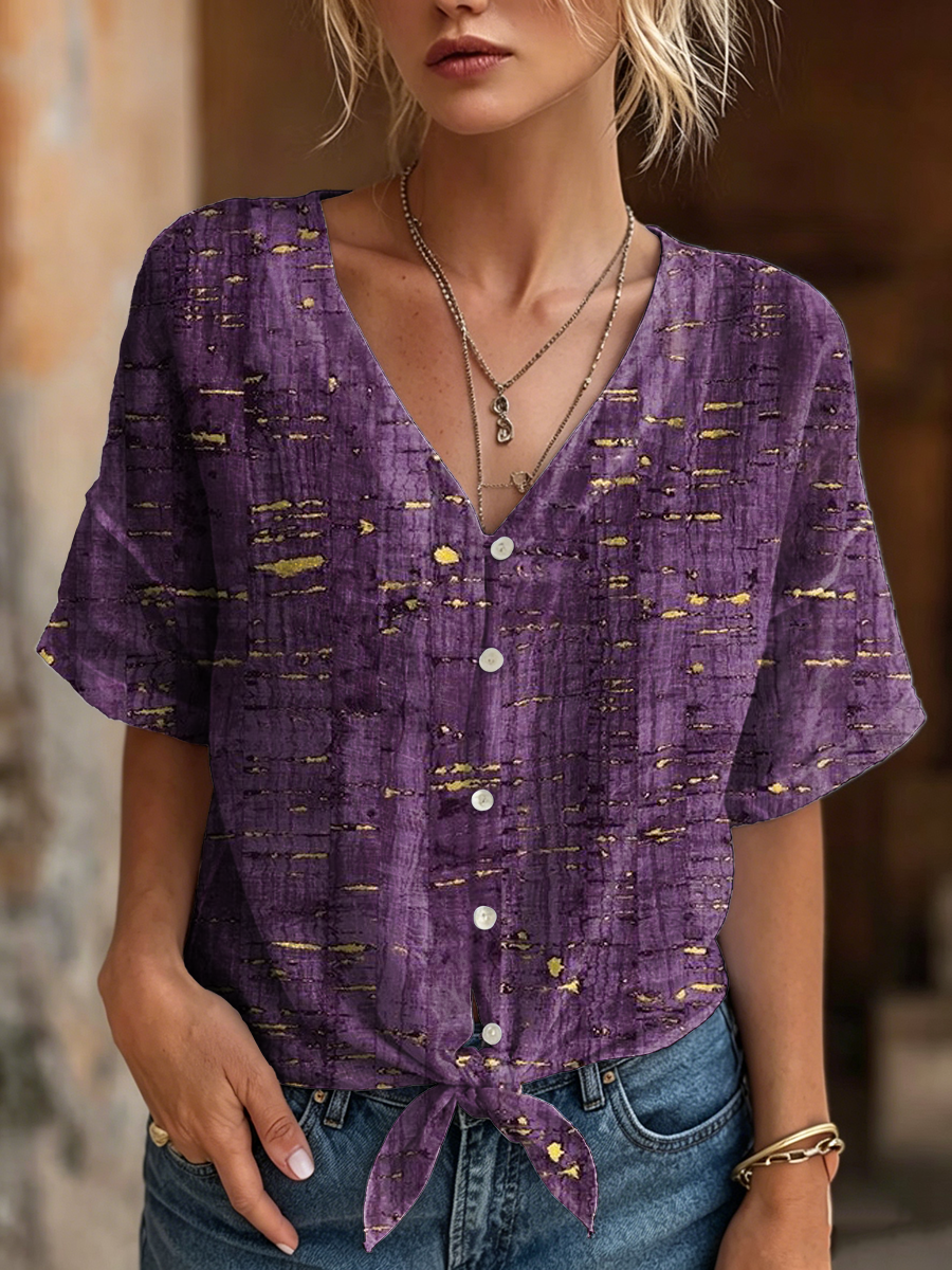 Women's Retro Art Print Casual Short-sleeve V-neck Cotton Linen Cardigan Shirt