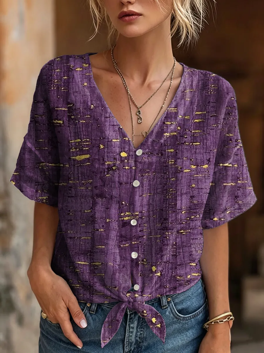 Women's Retro Art Print Casual Short-sleeve V-neck Cotton Linen Cardigan Shirt