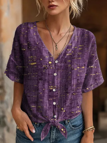Women's Retro Art Print Casual Short-sleeve V-neck Cotton Linen Cardigan Shirt