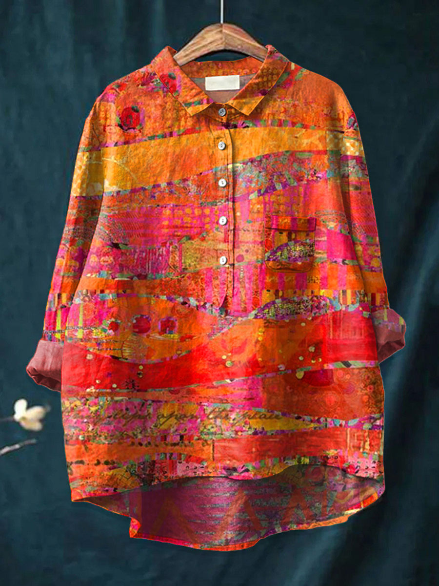 Women's Vintage Art Print Casual Cotton And Linen 3/4 Sleeve Shirt