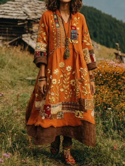 Women's Retro Ethnic Floral Color-Blocked Art Print Casual Long-Sleeve V-Neck Side Pocket Cotton Linen Dress