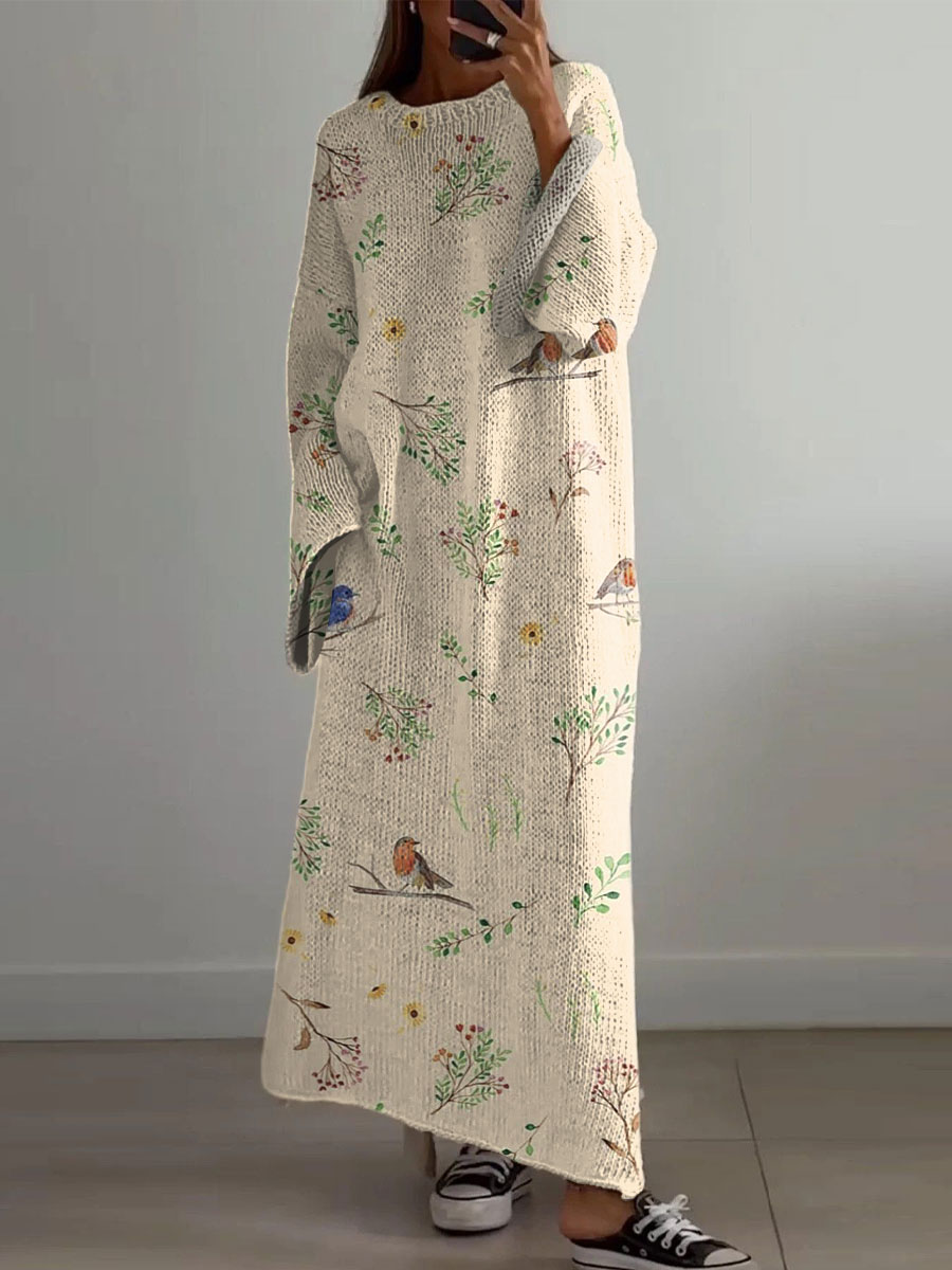 Women's Vintage Flower  Bird Art Print Casual Pullover Sweater