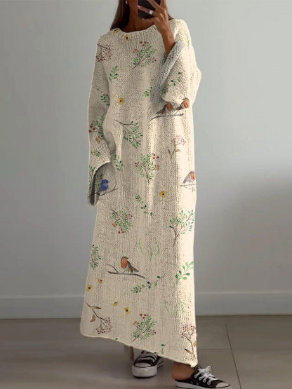 Women's Vintage Flower  Bird Art Print Casual Pullover Sweater