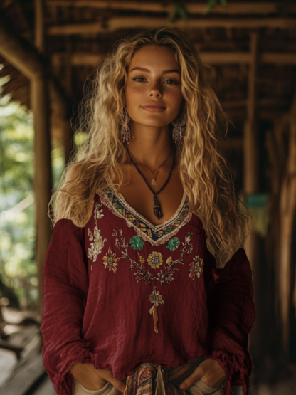 Retro Boho Tribal Art Embroidery Print Cotton And Linen V-neck Loose Shirt