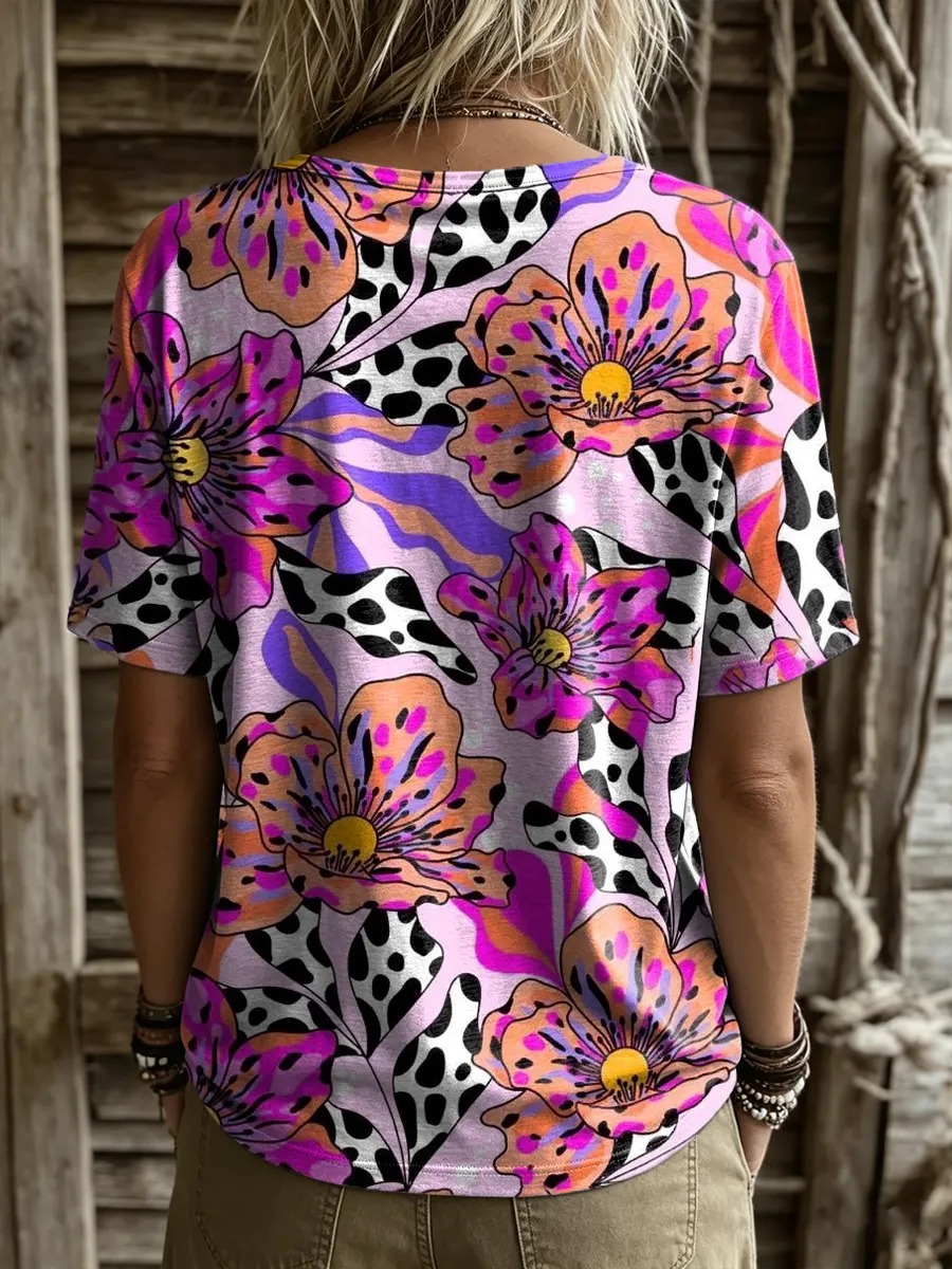 Women's Floral Print Round-neck Short-sleeve T-shirt