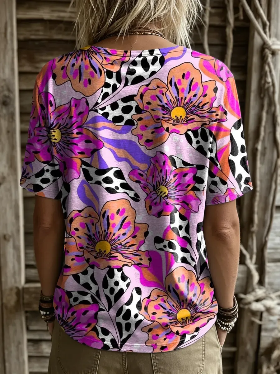 Women's Floral Print Round-neck Short-sleeve T-shirt