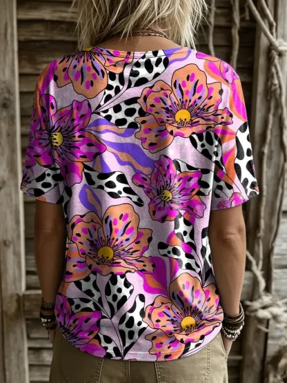Women's Floral Print Round-neck Short-sleeve T-shirt