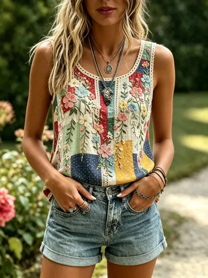 Women's Patchwork Floral Print Cotton Lace Trim Sleeveless Tank Top