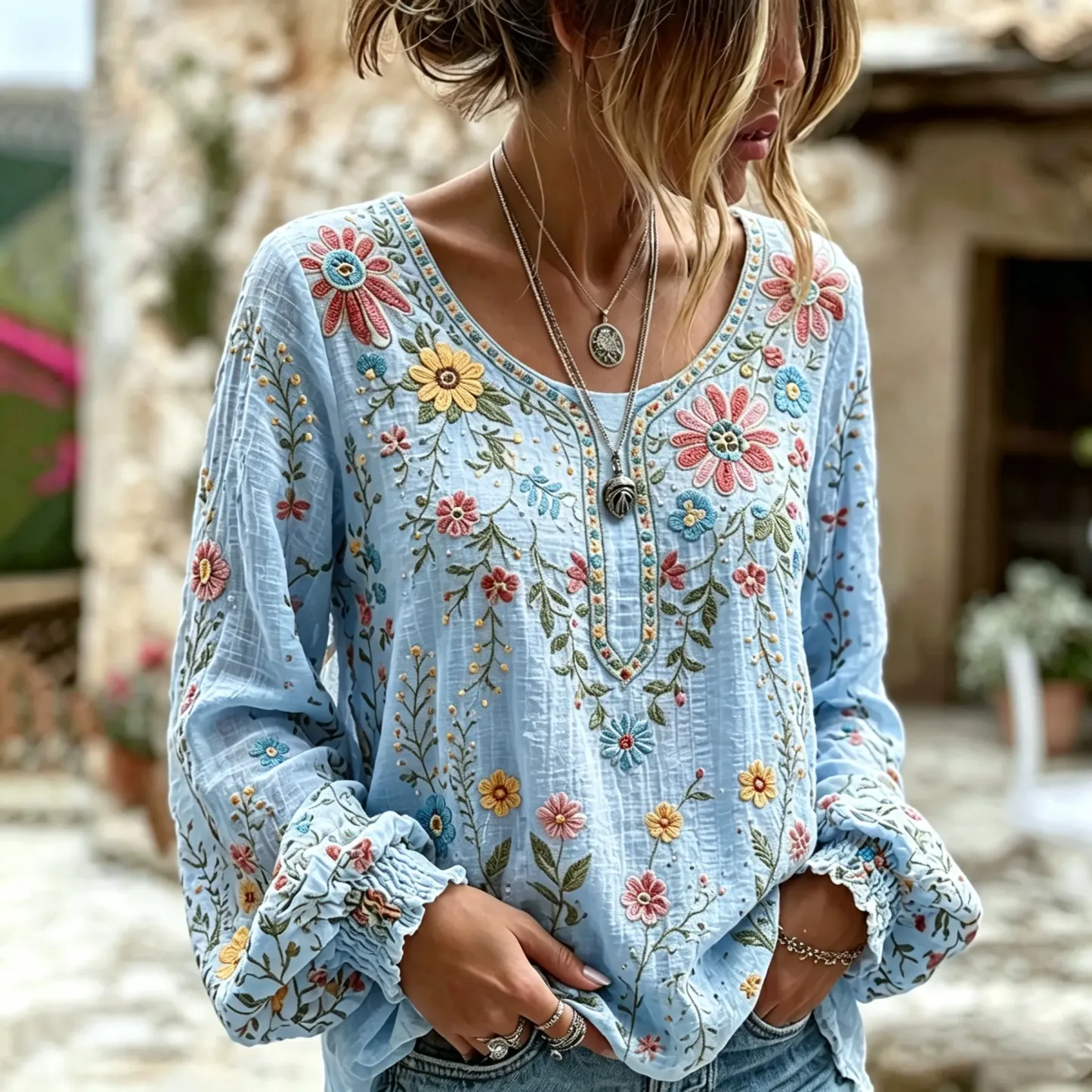 Women's Vintage Floral Art Print Flowy Linen Blend Linen Blend Long Sleeve Casual Tops