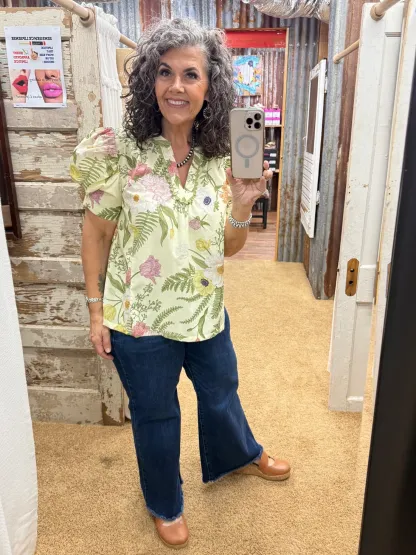 UMGEE Sage Floral Puff Sleeve Top