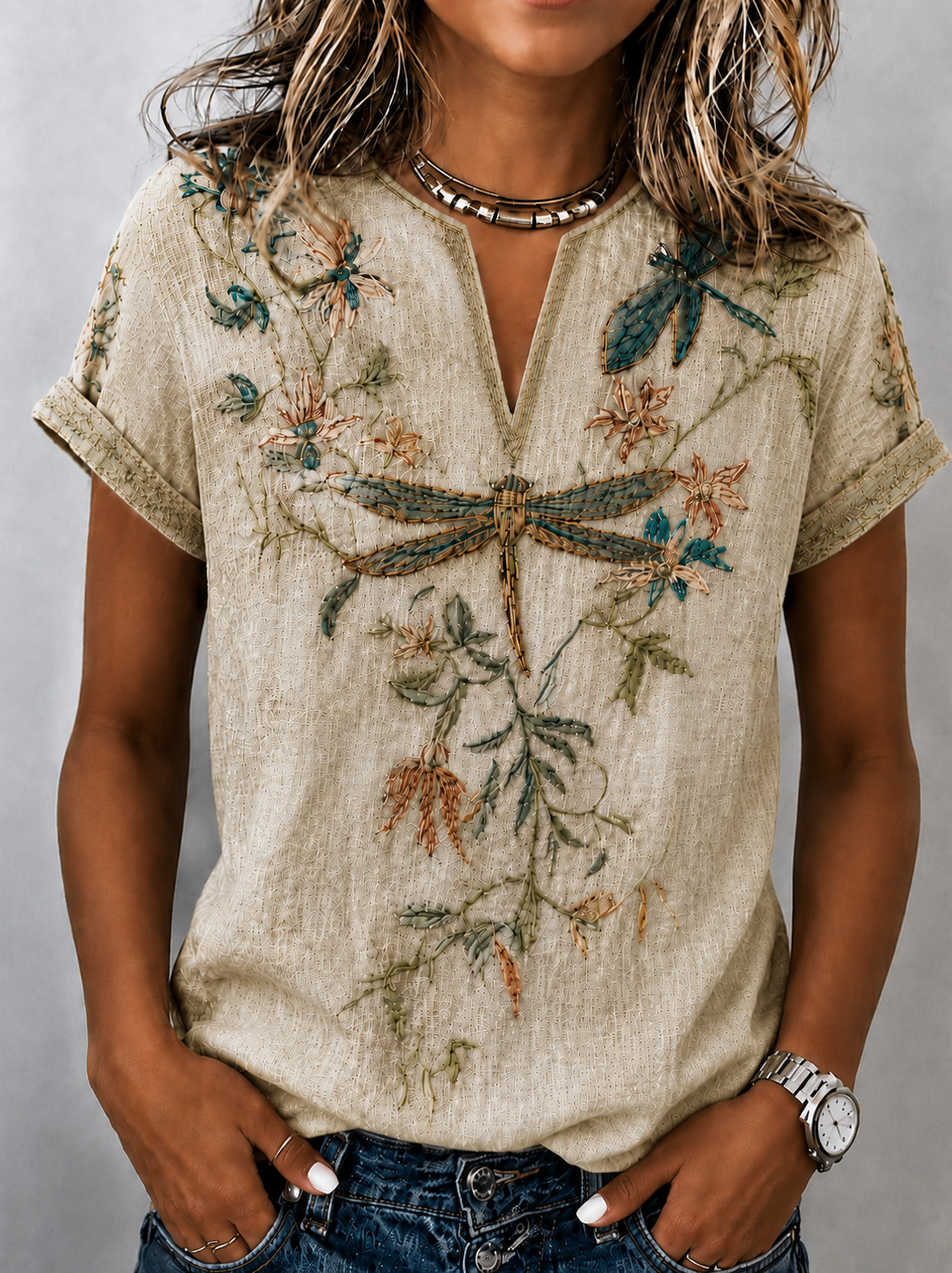 Bohemian Style Dragonfly Flower Vintage V-neck Short-sleeved Shirt
