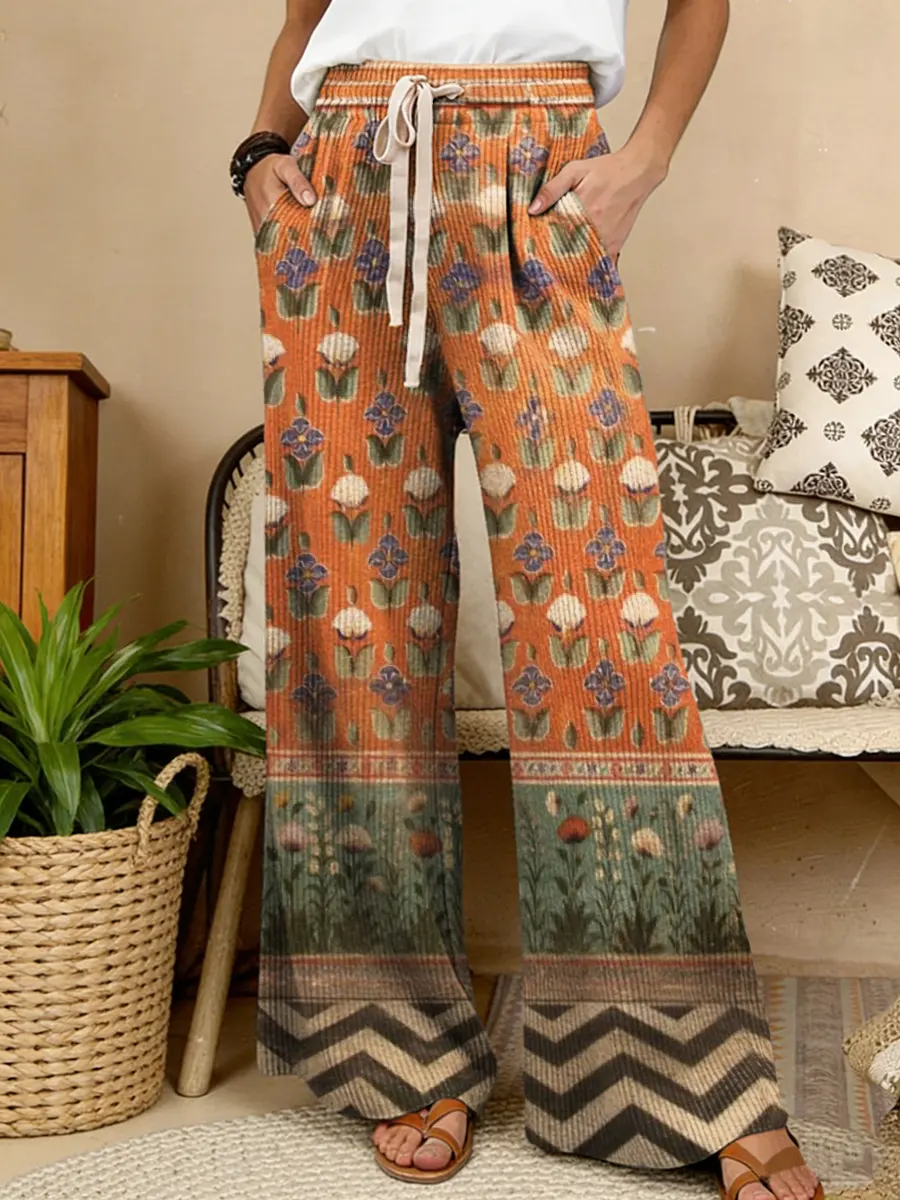 Women's Retro Ethnic Floral Collage Art Print Comfortable Drawstring Knit Trousers
