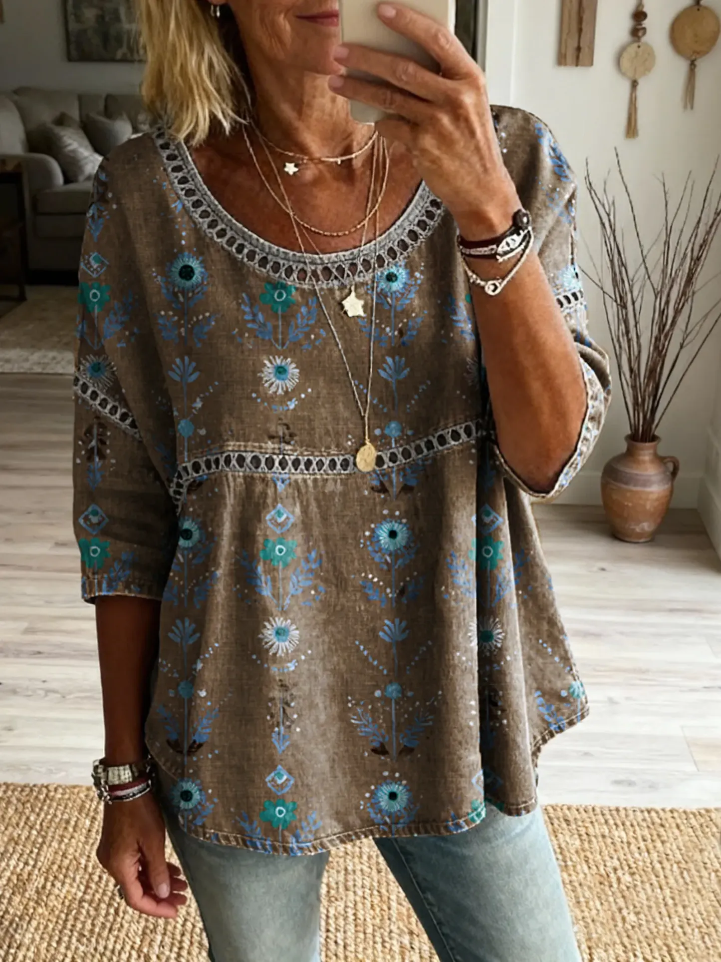 Women's Floral Pattern Art Print Casual Round Neck Lace-up Top