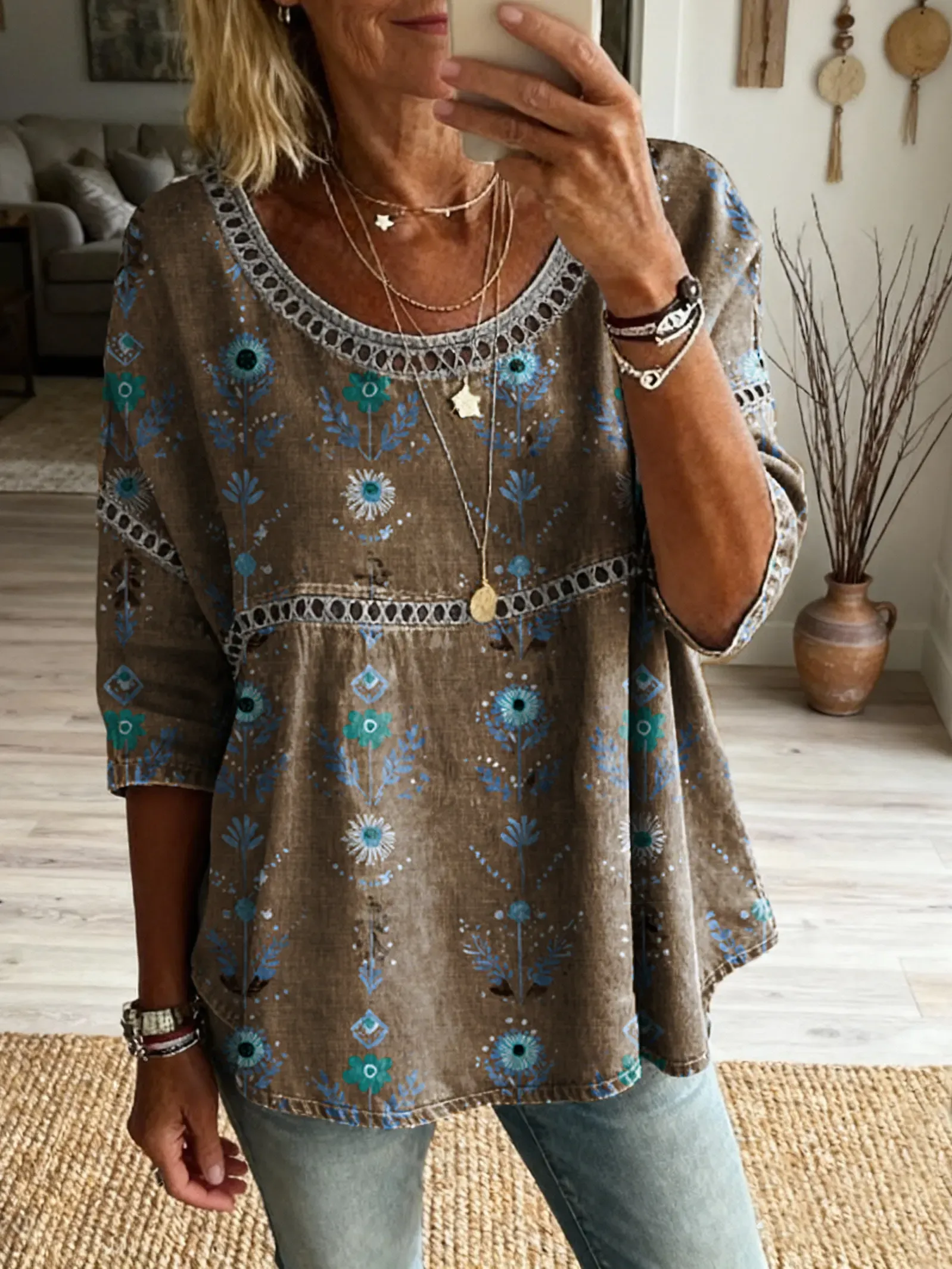 Women's Floral Pattern Art Print Casual Round Neck Lace-up Top