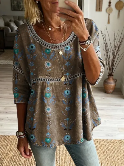 Women's Floral Pattern Art Print Casual Round Neck Lace-up Top