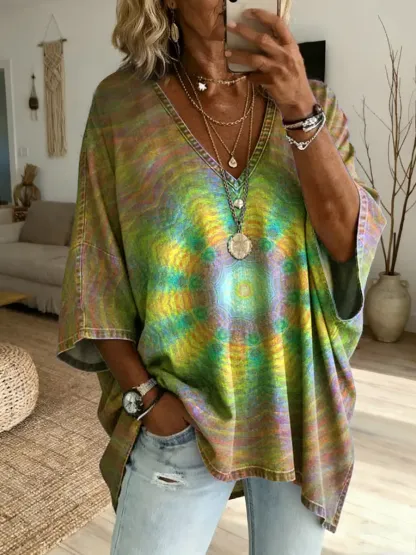 Ethnicity Kaleidoscope Purple Women's Art Print Casual Washed Cotton Denim Top