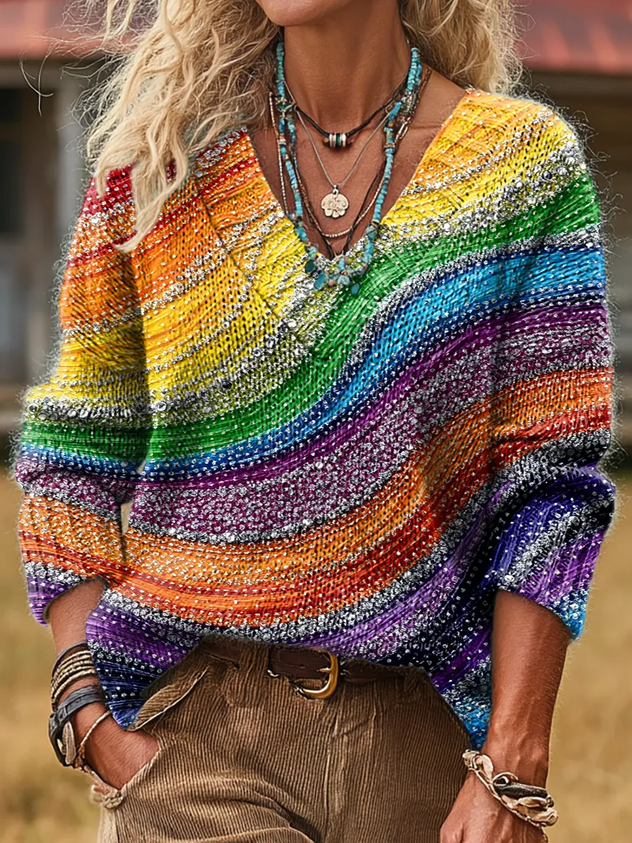 Women's Vintage Rainbow Fine Glitter Art Prints Cozy V-neck Knit Sweat