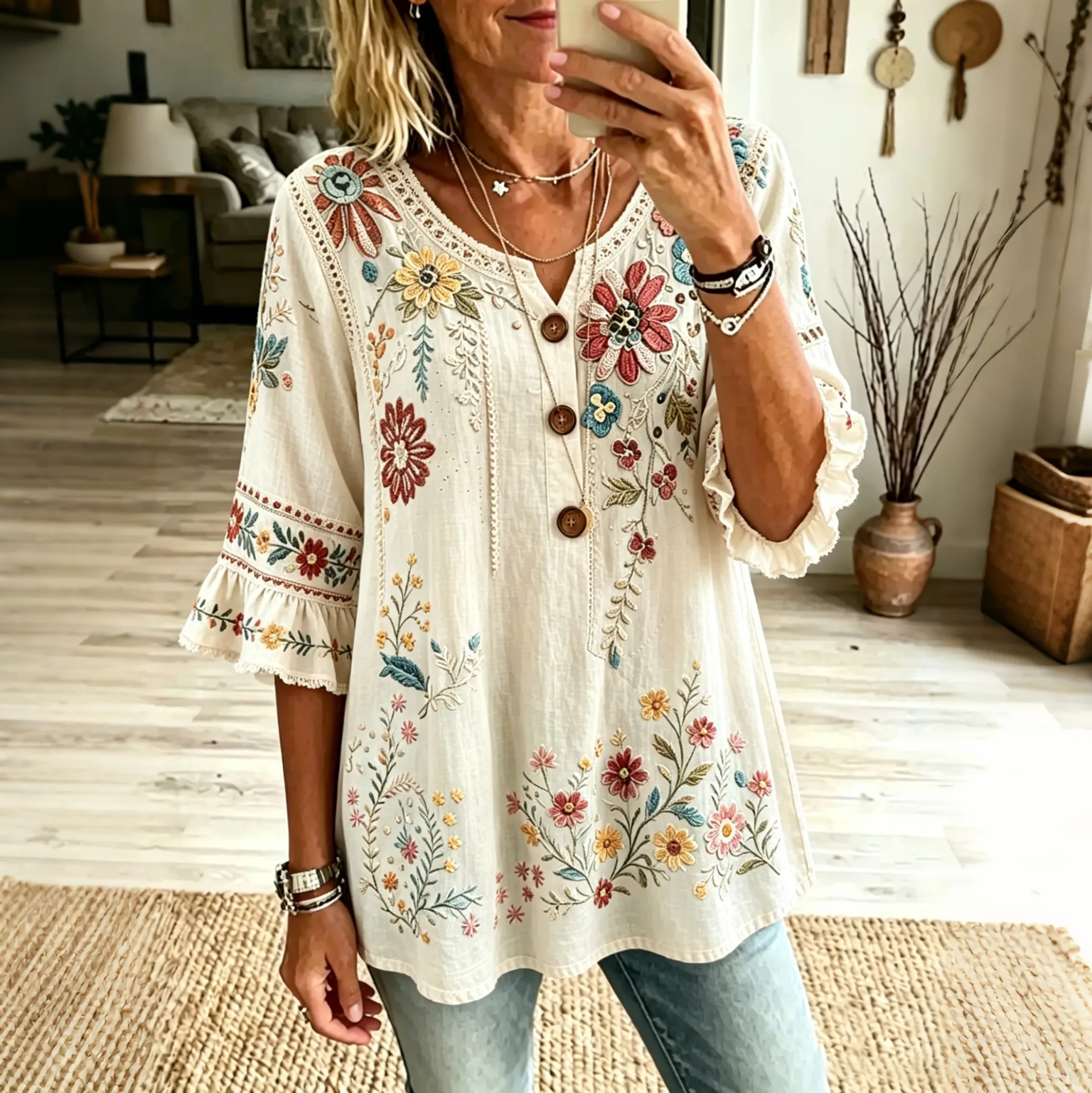 Women's Retro Floral Button Linen T-shirt