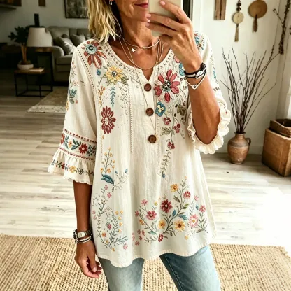 Women's Retro Floral Button Linen T-shirt
