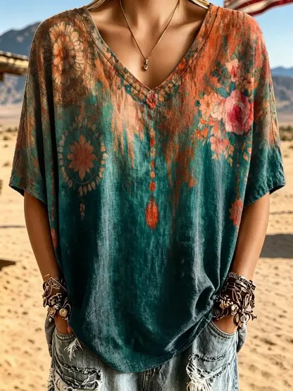 Women's Tie-Dye Floral Print Cotton V-Neck T-Shirt