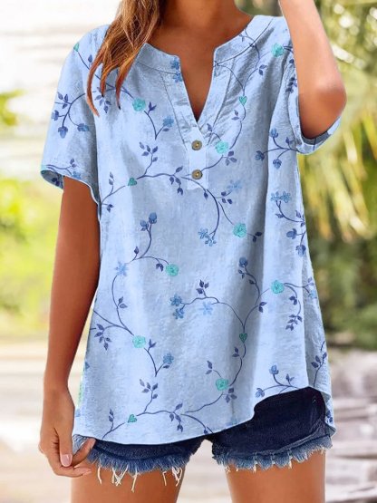 Women's Casual Retro Floral Cotton And Linen Shirt