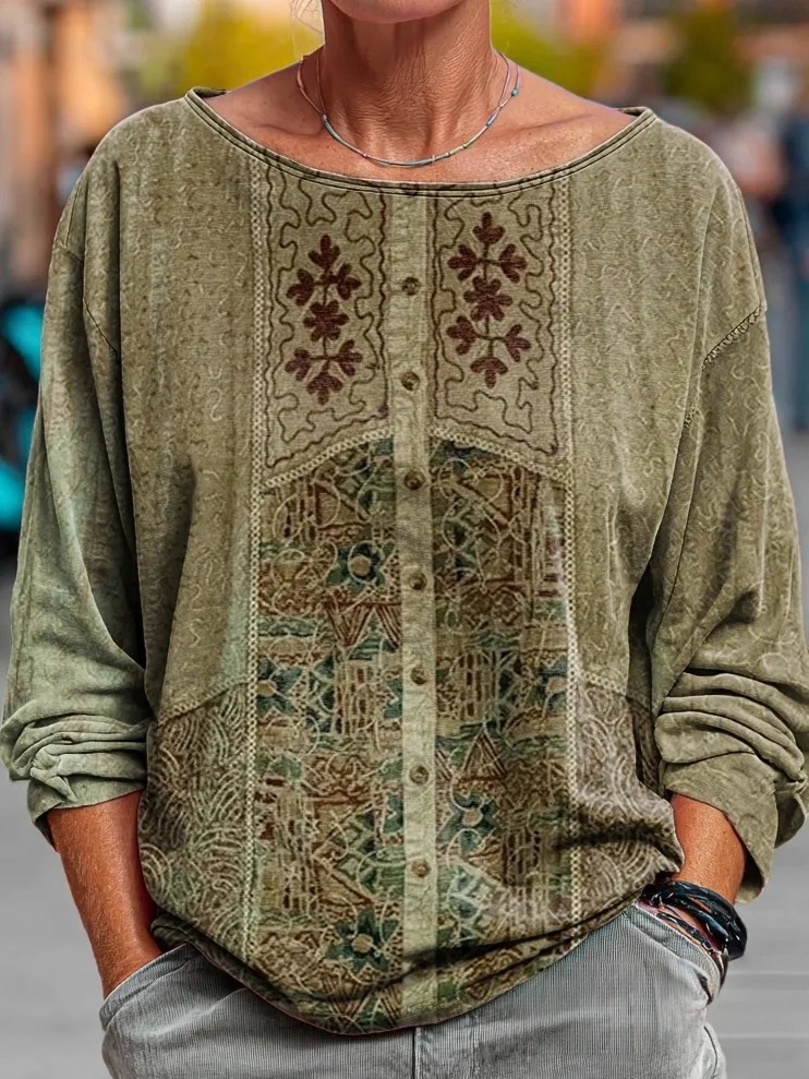 Women's Retro Ethnic Pattern Artistic Print Casual Long-Sleeved T-Shirt