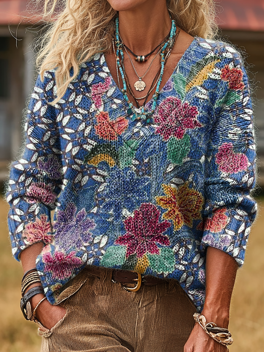 Unisex Retro Ethnic Floral Art Print Casual Long-Sleeve V-Neck Wool Blend Knit Sweater