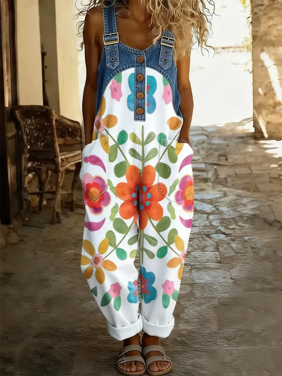 Women's Boho Floral Art Print Patchwork Denim Overalls