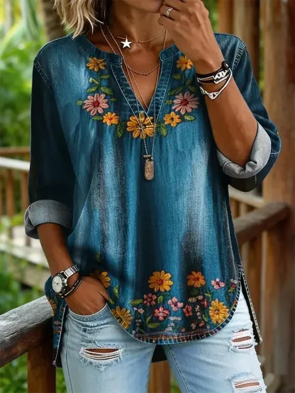 Women's Vintage Floral Art Print Casual V-neck Washed Cotton Denim Shirt