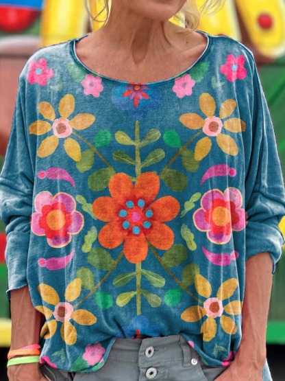 Women's Bohemian Floral Art Print V-neck Casual T-Shirt