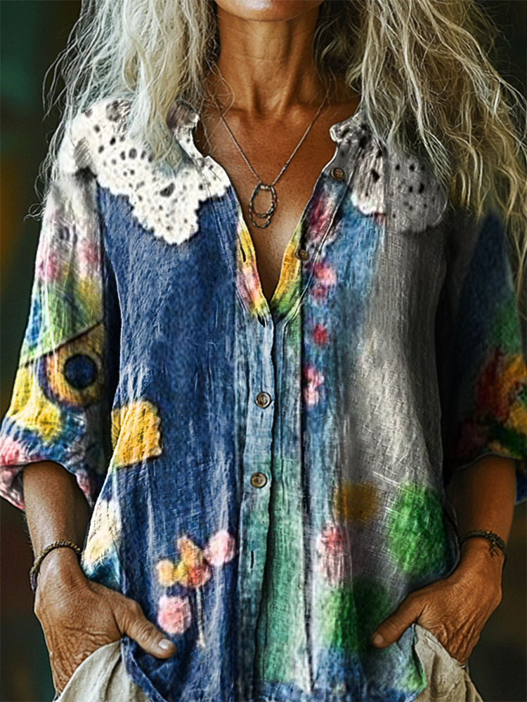 Women's Vintage Bohemian Floral Art Print Casual Cotton Linen Shirt