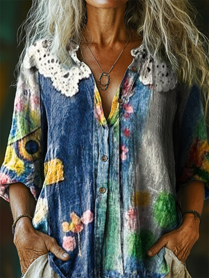 Women's Vintage Bohemian Floral Art Print Casual Cotton Linen Shirt
