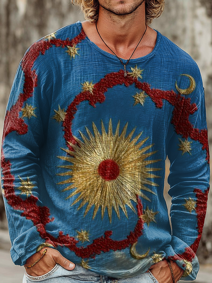Mens Vintage Blue Sun Art Print Casual Round Neck Pullover Cotton Shirt