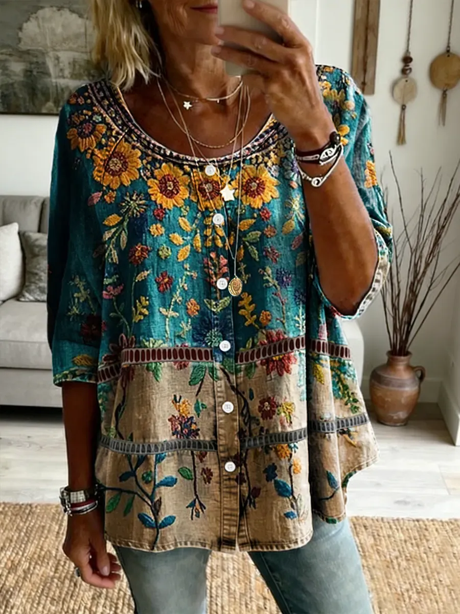 Ethnicity Bohemia Texture Flower Women's Art Print Casual Long-sleeve V-neck Washed Cotton Denim Top