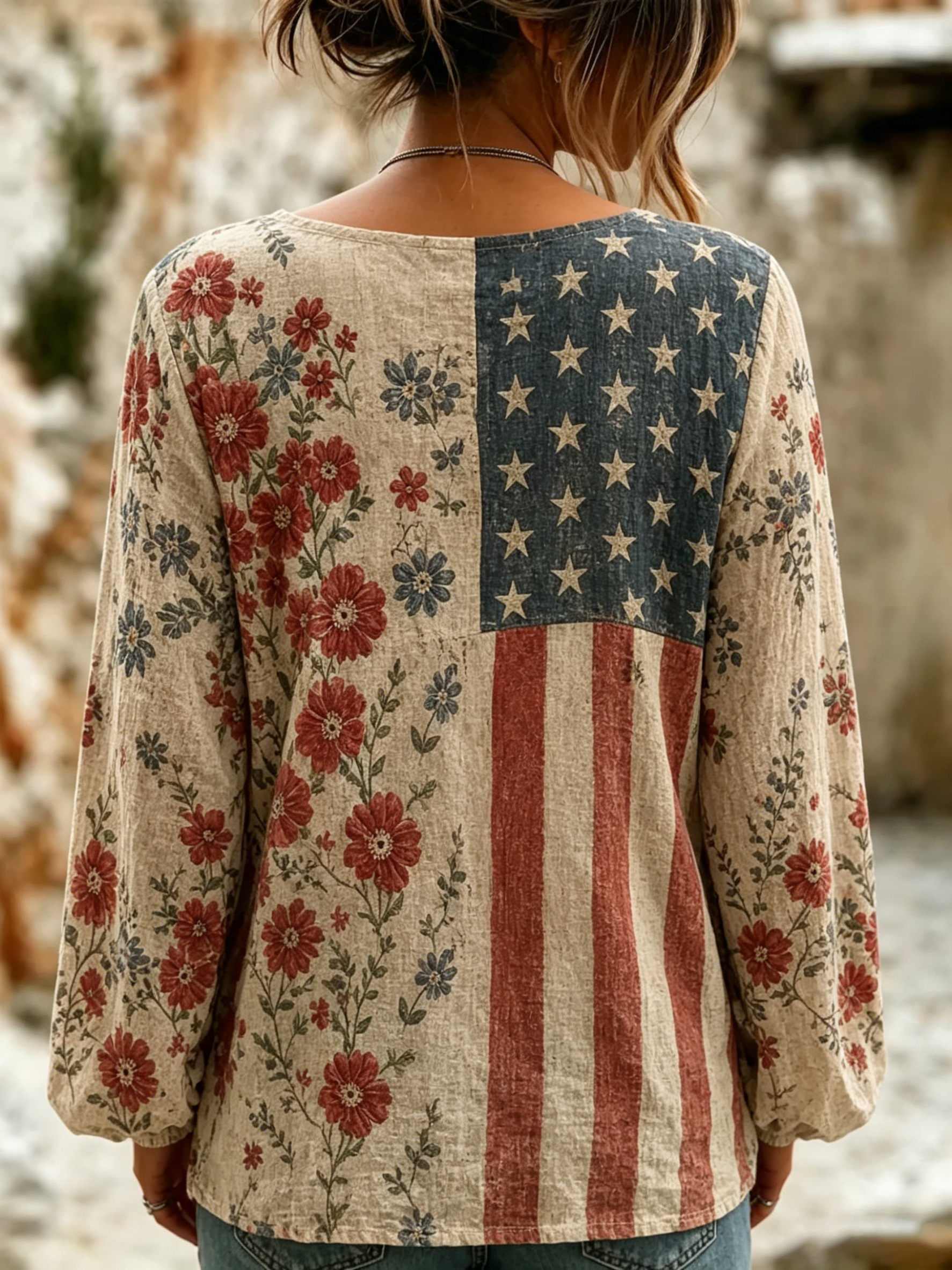 Women's Retro Flag And Floral Art Print Casual Long-sleeve Crew Neck Cotton Shirt