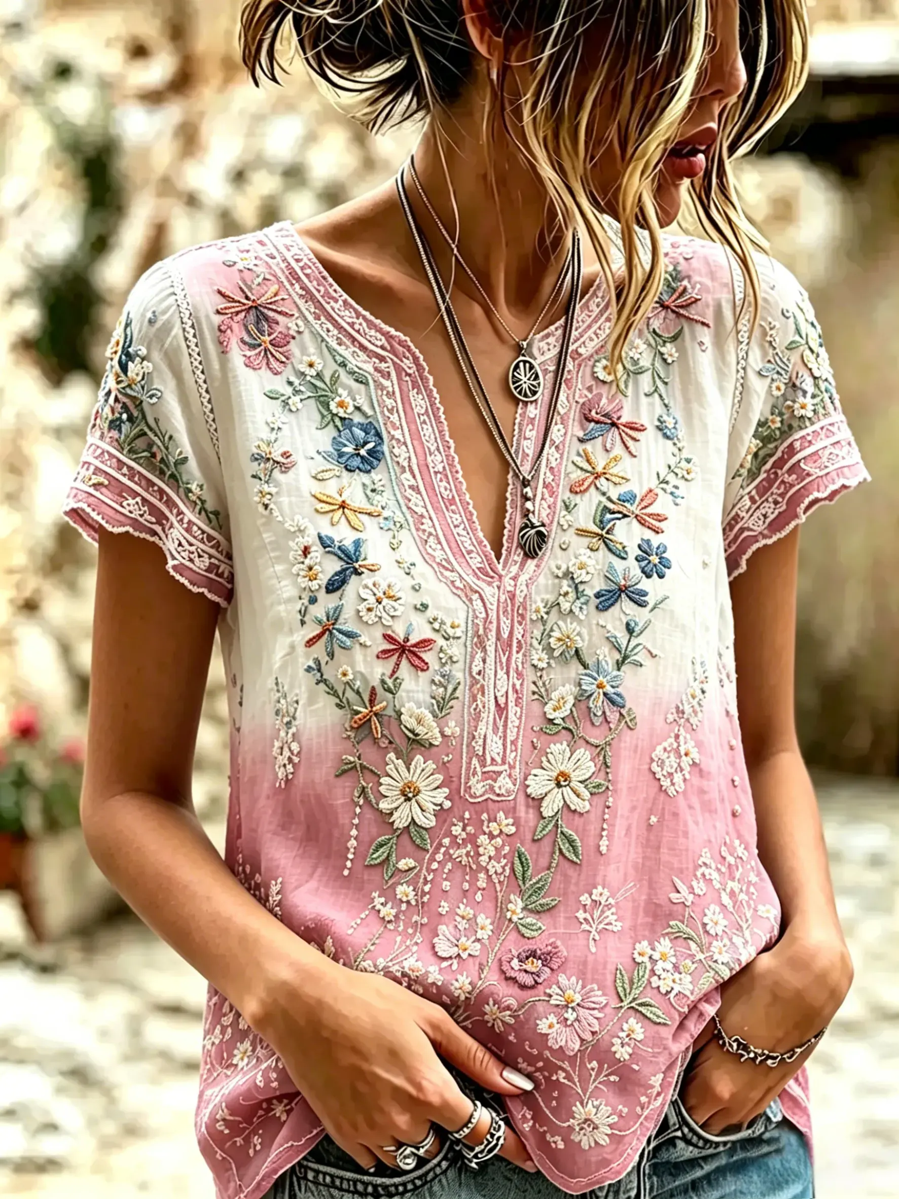 Women's Vintage Floral Textured Art Print Short-Sleeve Top