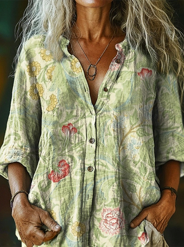 Women's Vintage Ethnic Flowers Print Casual Cotton Linen Shirt