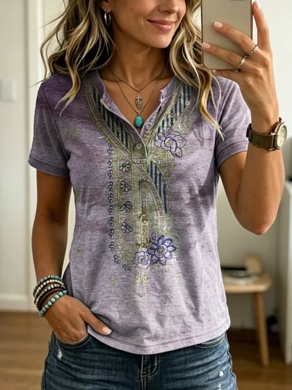 Women's Retro Casual Floral Cotton and Linen Top