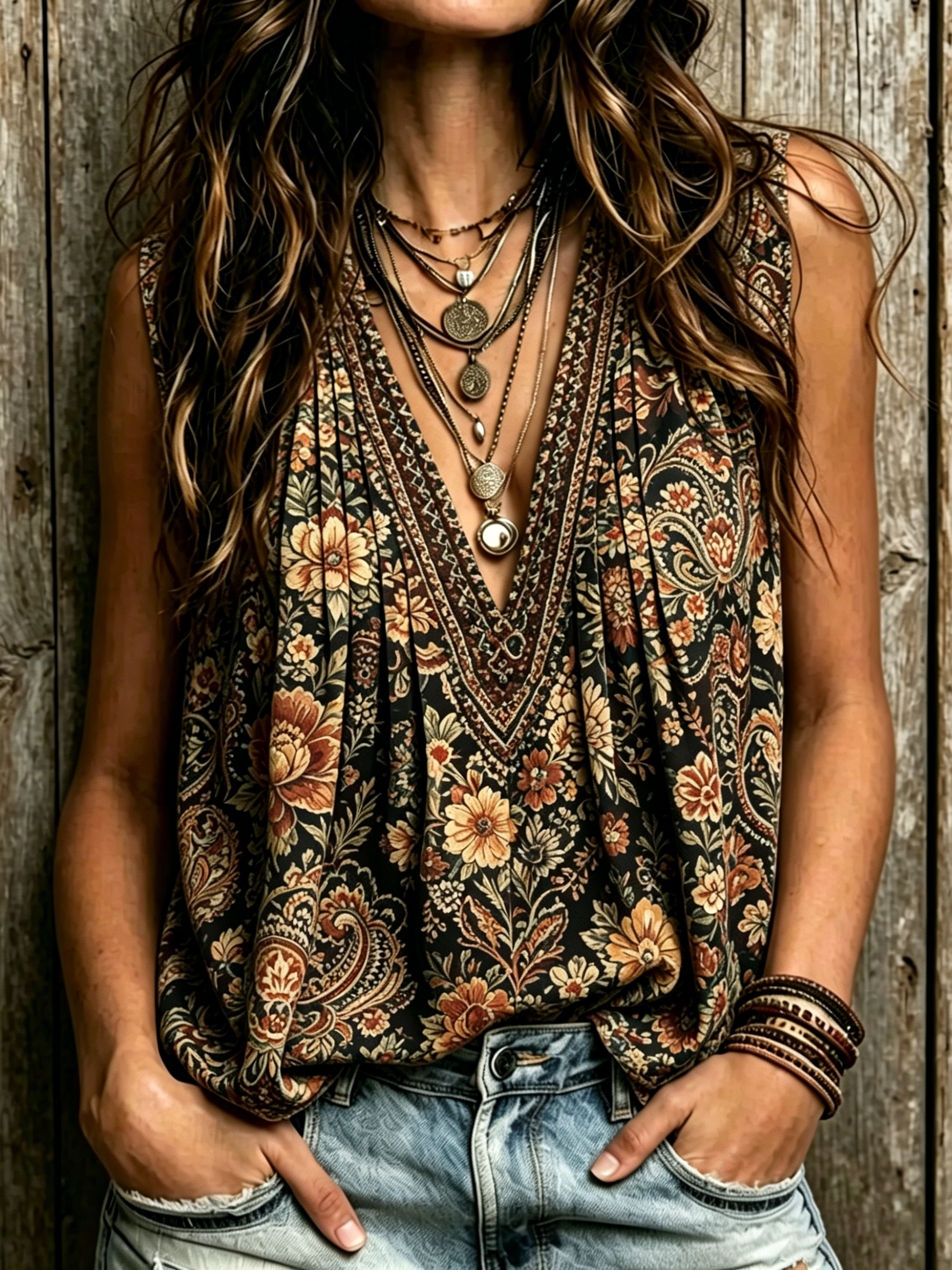 Women's Vintage Ethnic Floral Art Print Casual Sleeveless V-neck Ruched Tank Top