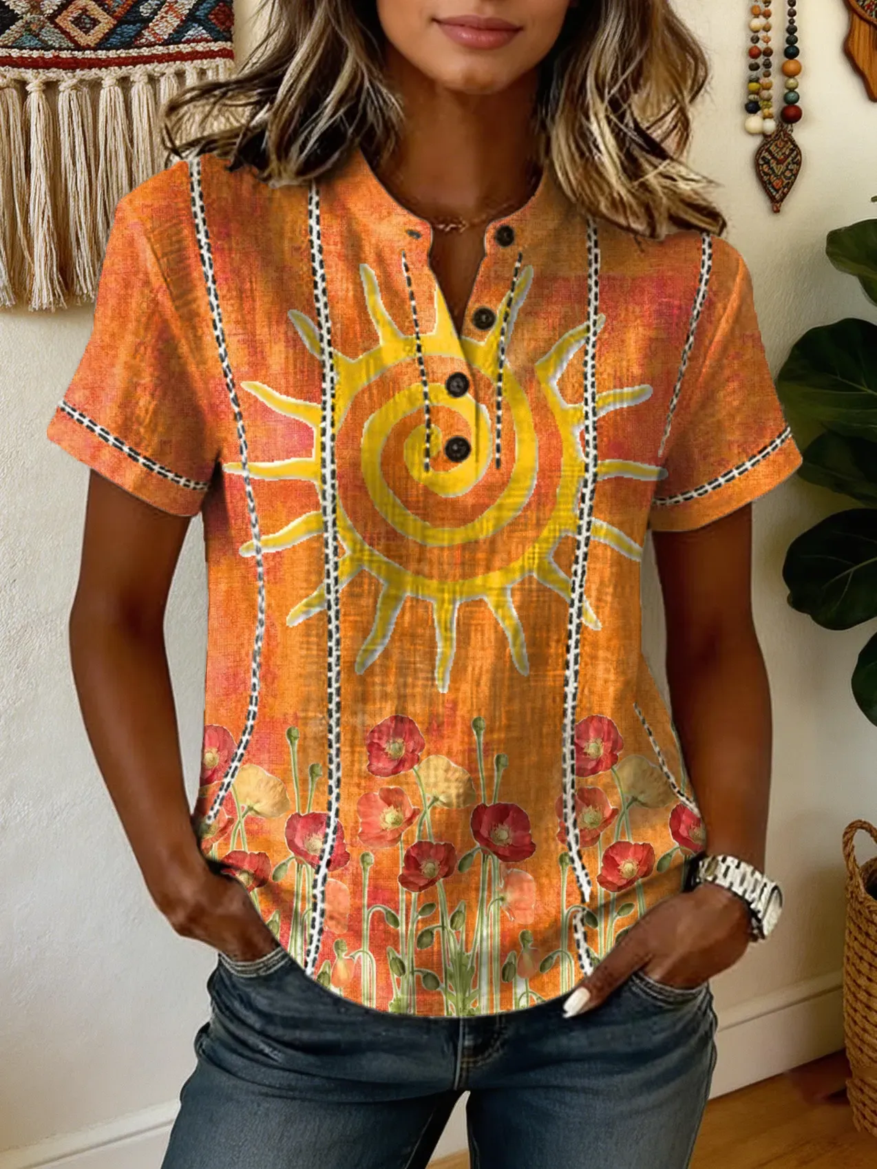 Women's Short-sleeve Cotton-linen Blouse With Artistic Sunflower Print And Cut-out Details