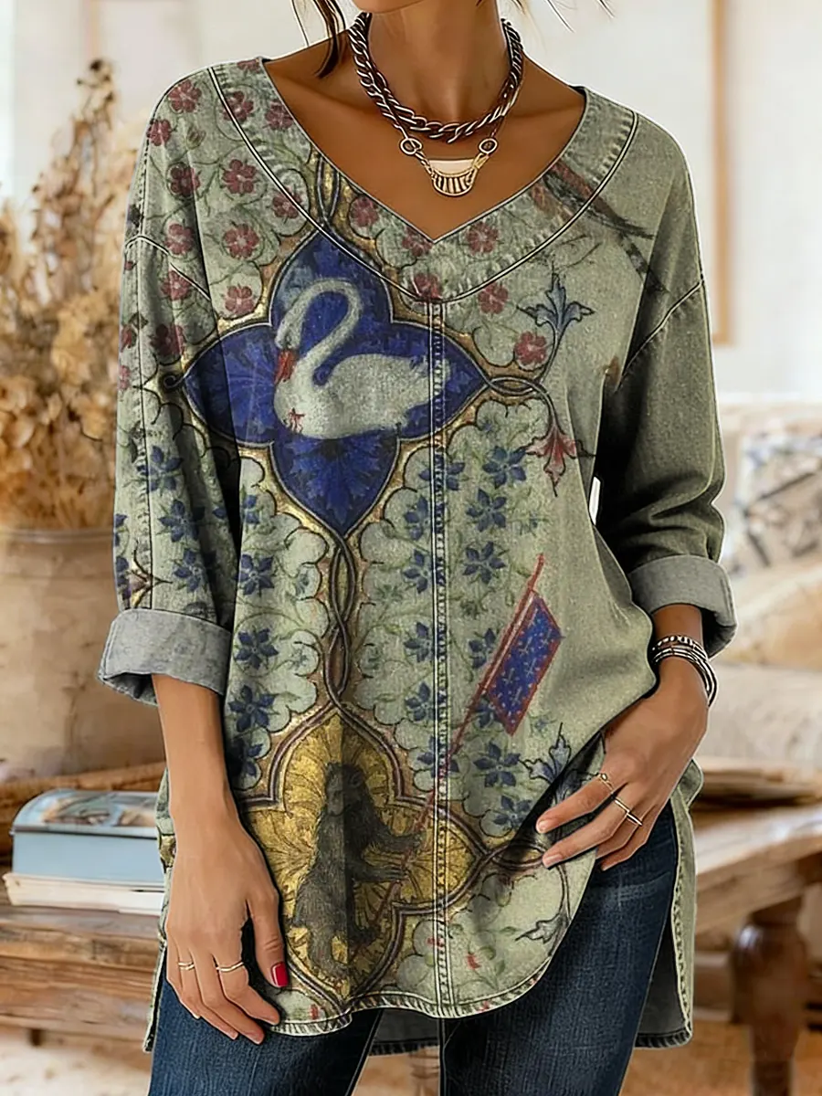 Retro Ethnic Floral Pattern Art Print Casual Washed Denim Cotton Top