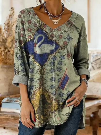 Retro Ethnic Floral Pattern Art Print Casual Washed Denim Cotton Top