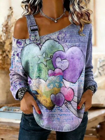 Women's Retro Heart Art Print Casual Long-Sleeved Camisole Washed Cotton Denim Top