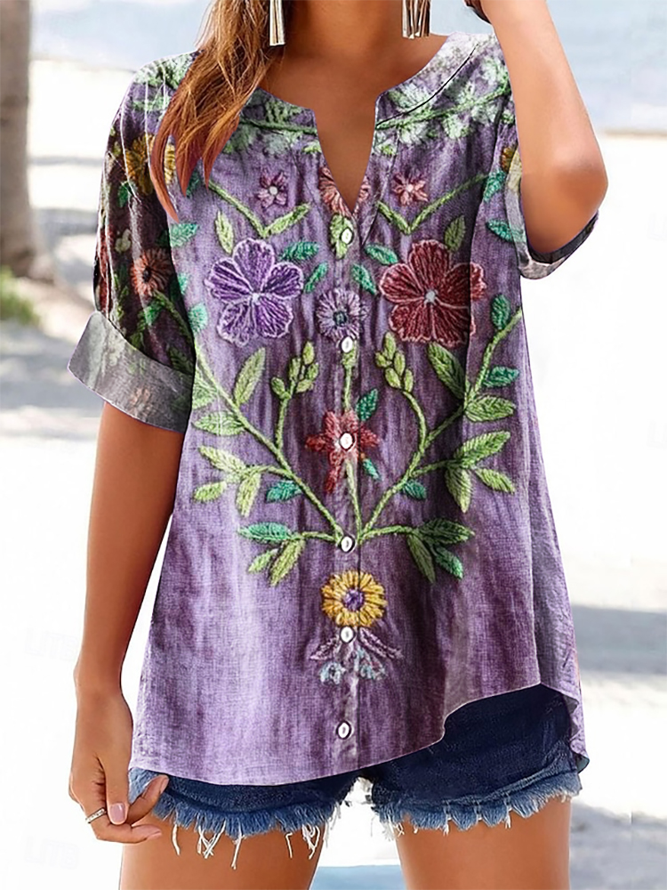 Women's Vintage Ethnic Floral Art Printed Casual Short Sleeve Cotton and Linen Shirt