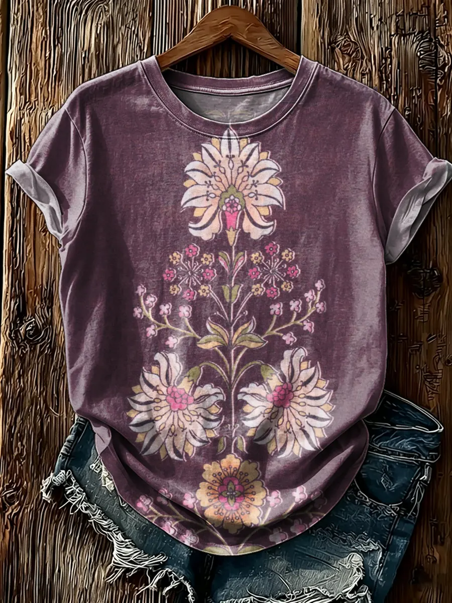 Women's Vintage Floral Mandala Print Short Sleeve T-Shirt