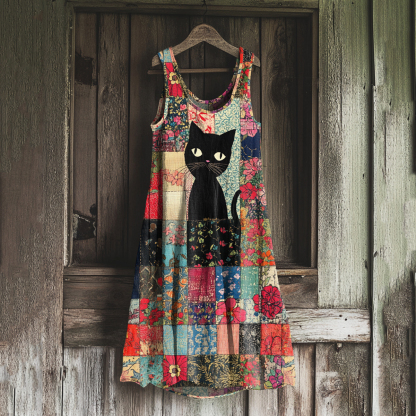 Vintage Cat Floral Patchwork Art Linen Blend Tank Dress