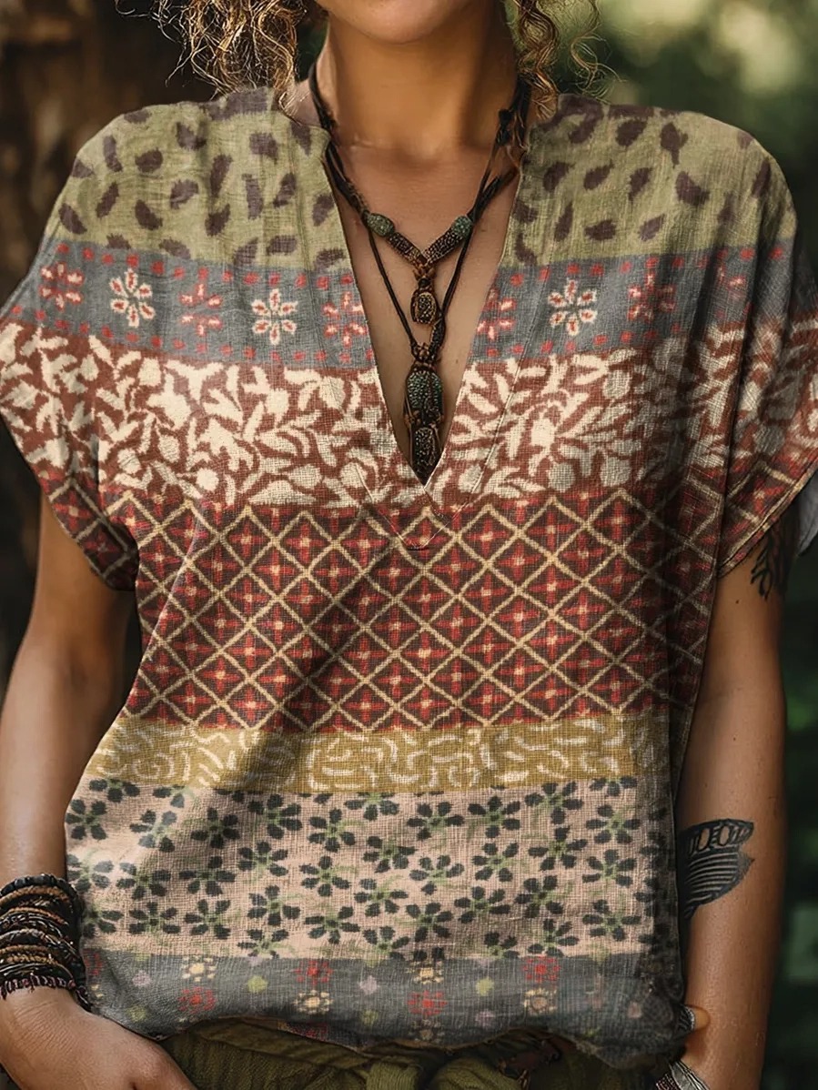 Women's Vintage Floral Collage Print Casual Cotton Short Sleeve V-neck Shirt