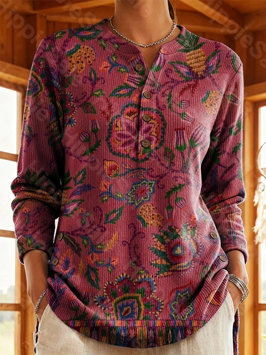 Women's Vintage Floral Art Print Casual Cotton Shirt